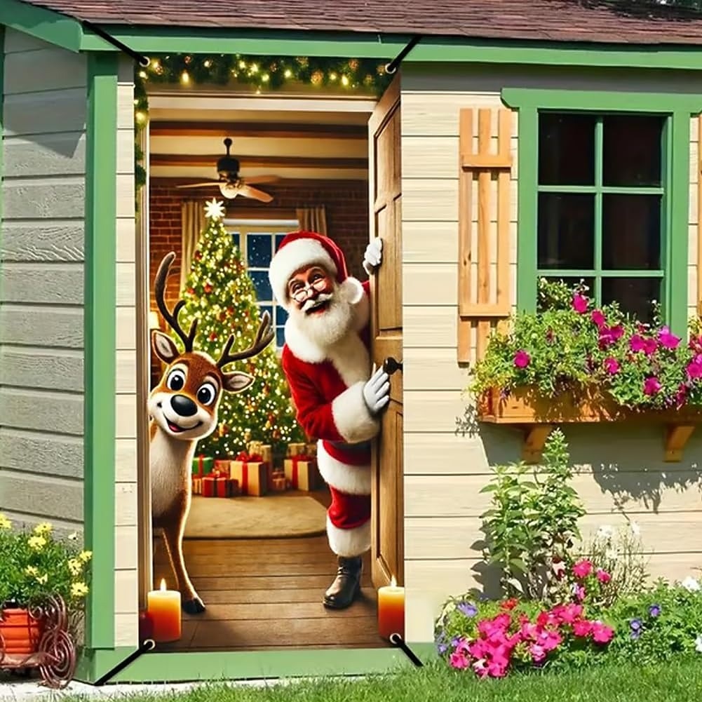 Santa Claus Reindeer & Merry Christmas Lettering Christmas Door Cover