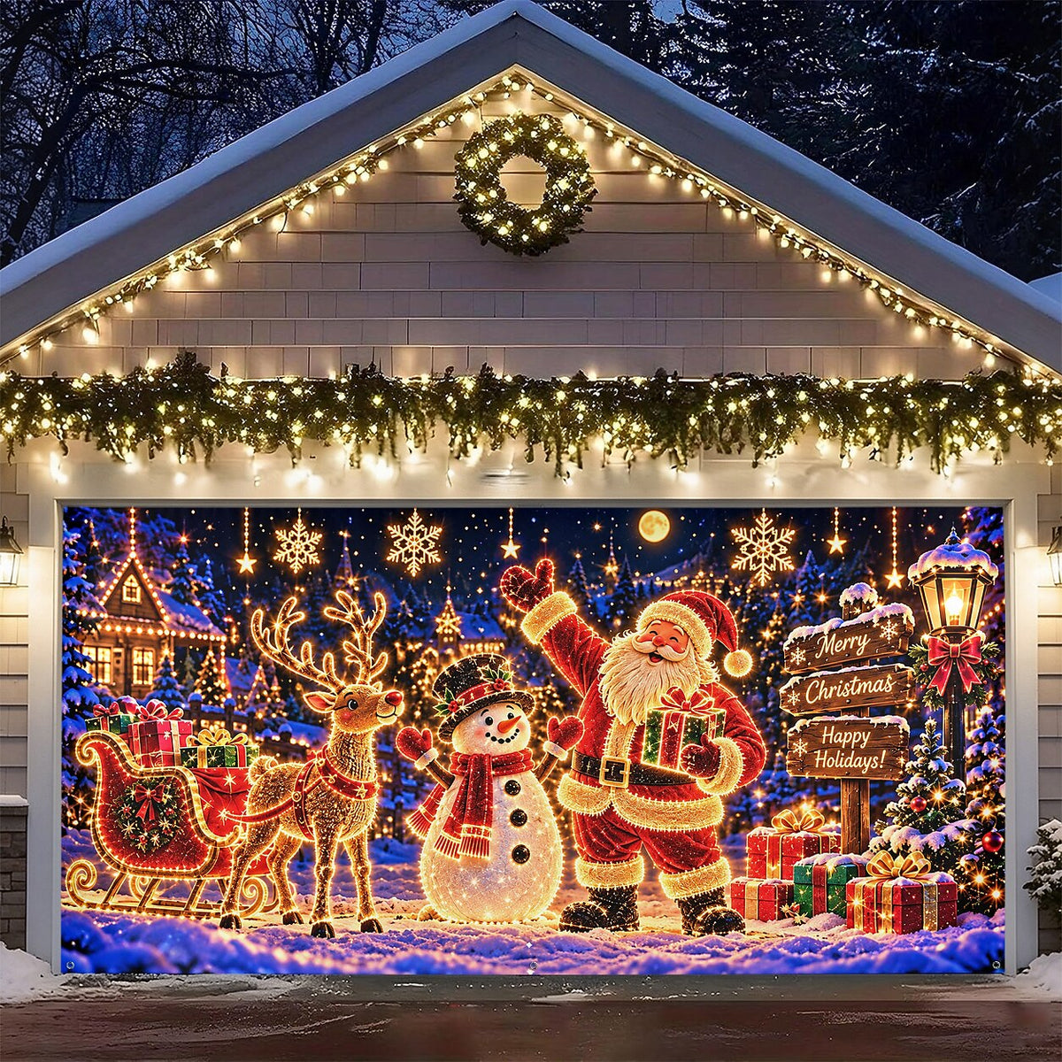 Blacklight Christmas Garage Cover UV Reactive Santa & Snowman