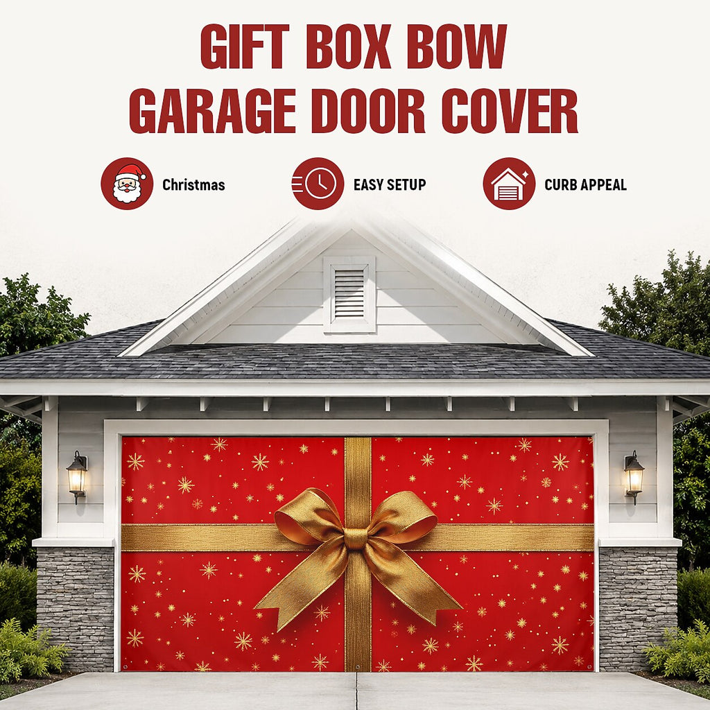 Christmas Garage Cover 3D Red Gift Box & Bow