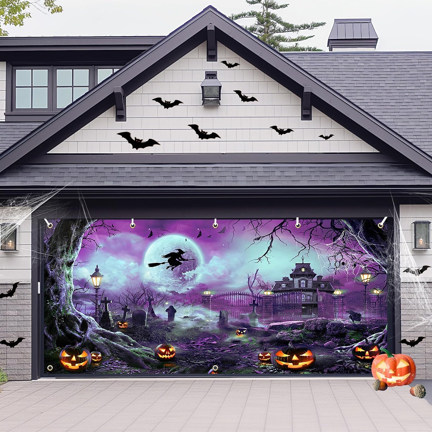 Scary Witch & Haunted House | Halloween Garage Door Banner Cover