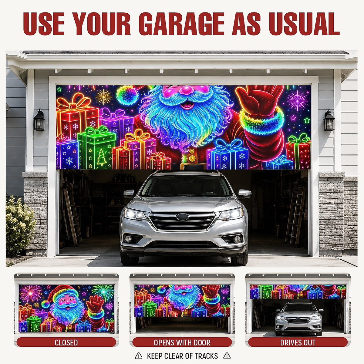 Blacklight Christmas Garage Door Cover - Santa & Christmas Characters Neon Design