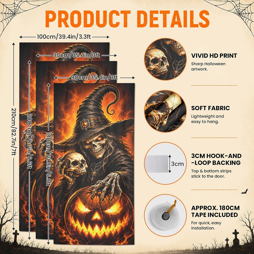 Skeleton Witch Glowing Pumpkin Door Banner Halloween Door Cover