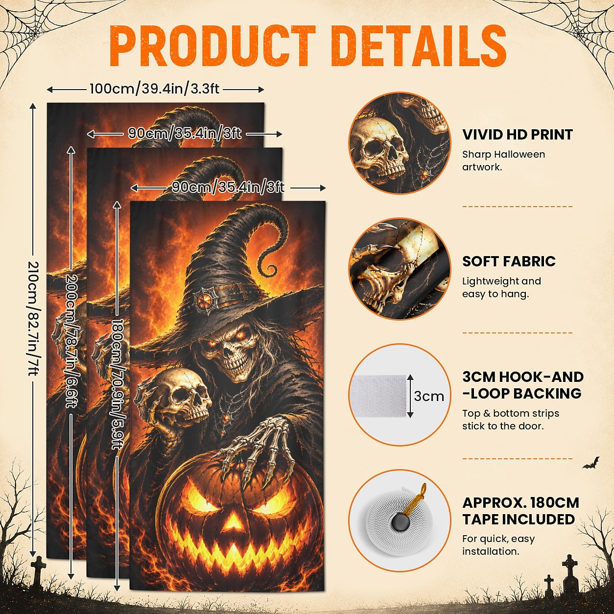 Skeleton Witch Glowing Pumpkin Door Banner Halloween Door Cover