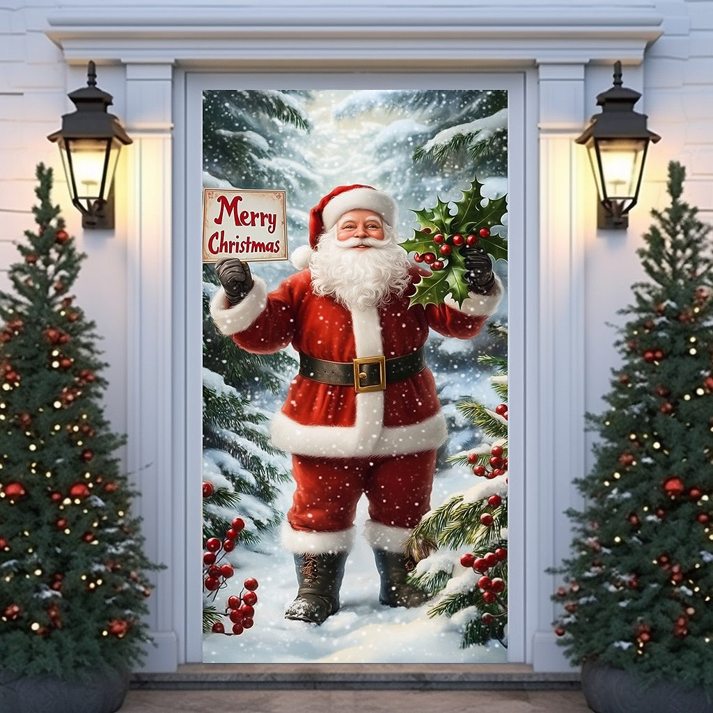 Classic Santa with North Pole Sign Christmas Door Cover