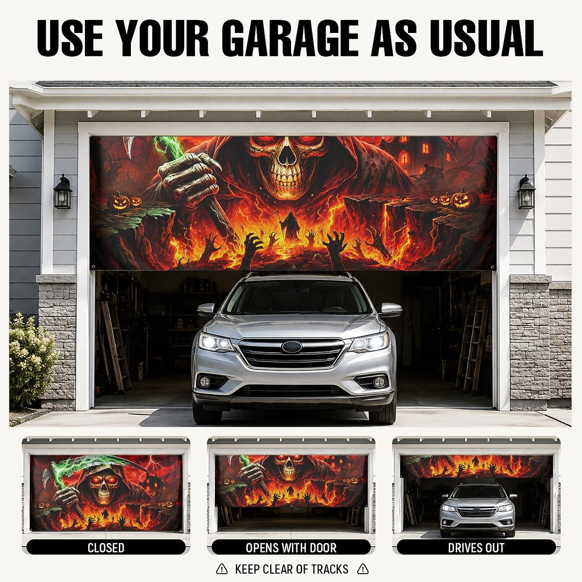 Flaming Skeleton Skull Pile Halloween Garage Door Cover