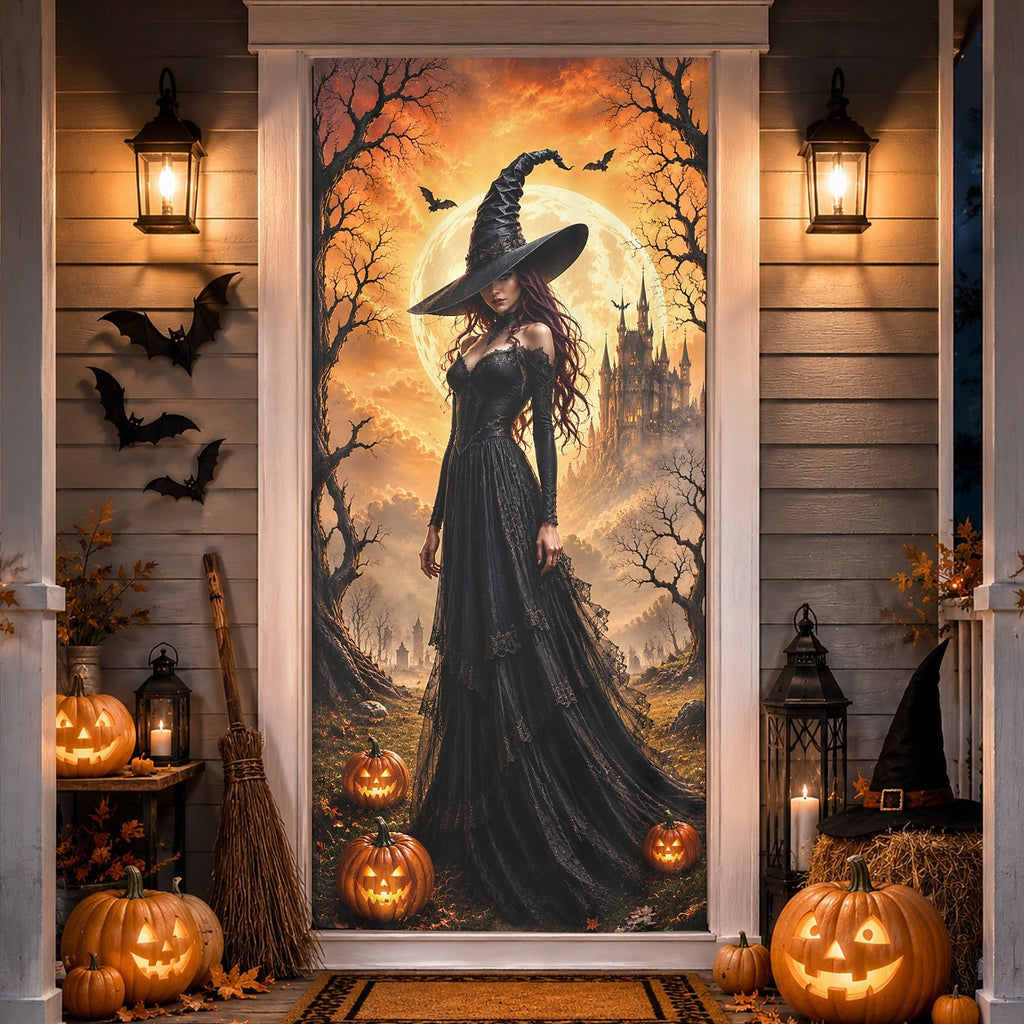 Gothic Witch Haunted Castle Pumpkin Banner Halloween Door Cover