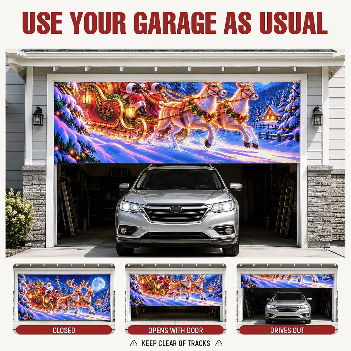 Blacklight Christmas Garage Cover UV Reactive Santa Sleigh & Reindeer
