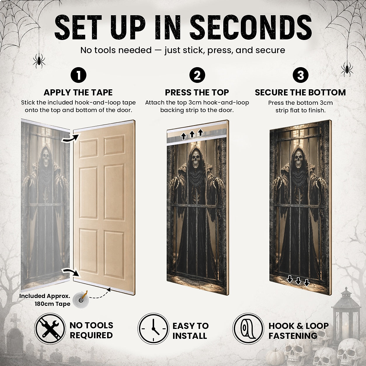 Lantern Witch Hat Door Banner Halloween Door Cover Skeleton Prison Grim