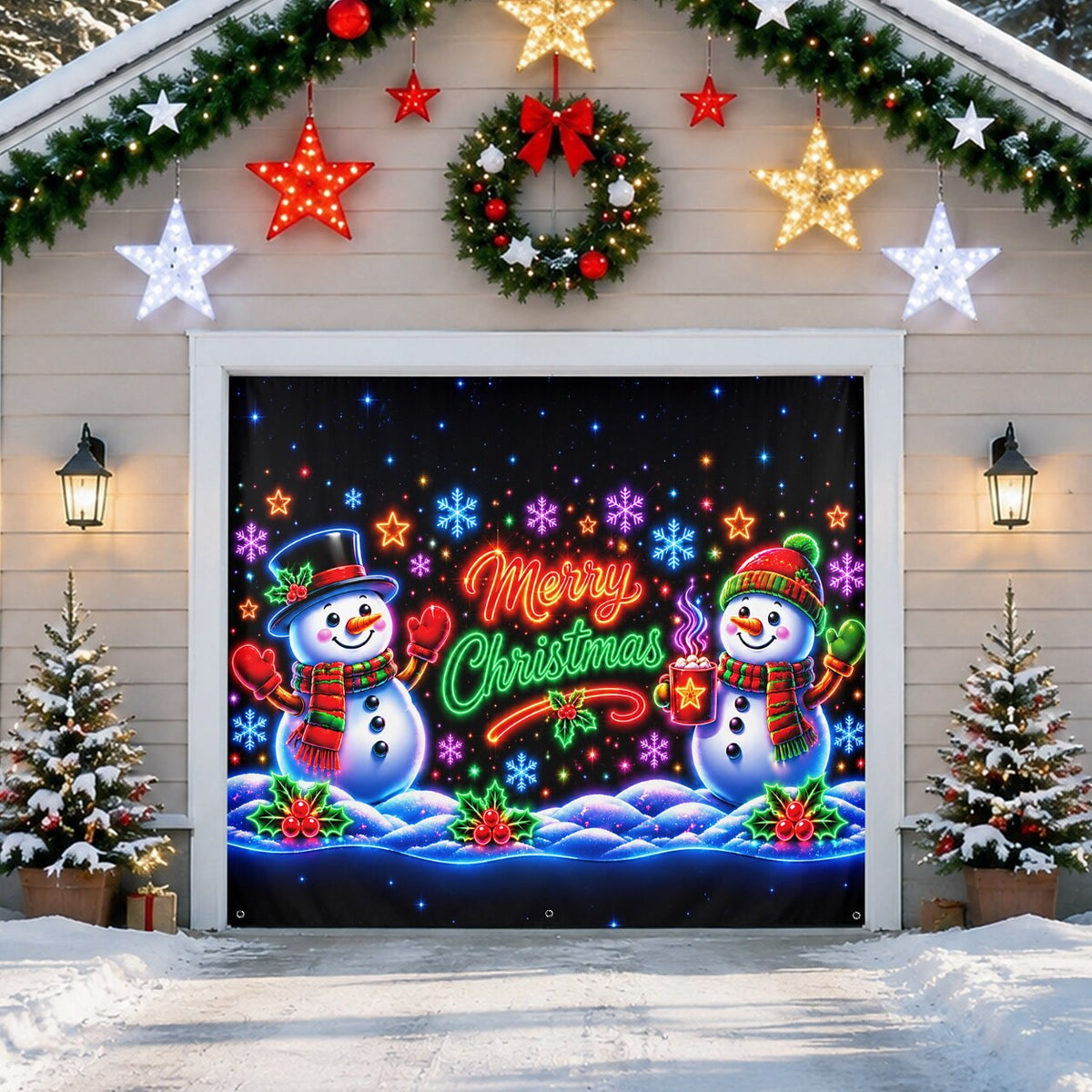 Blacklight Christmas Garage Cover UV Reactive Merry Christmas Snowman