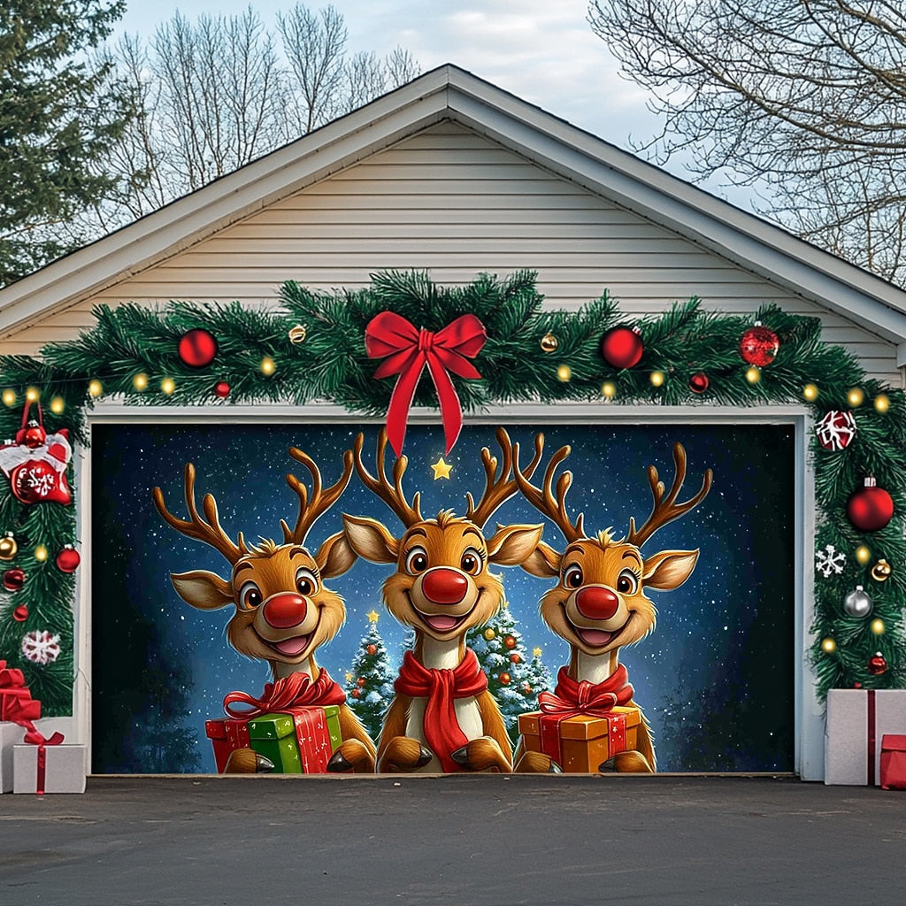Santa Snowman & Rudolph Garage Door Cover