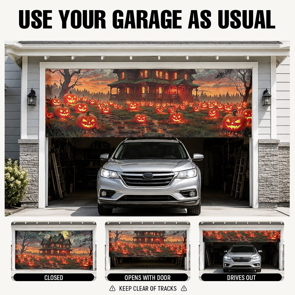 Halloween Haunted House Pumpkin Garage Door Cover