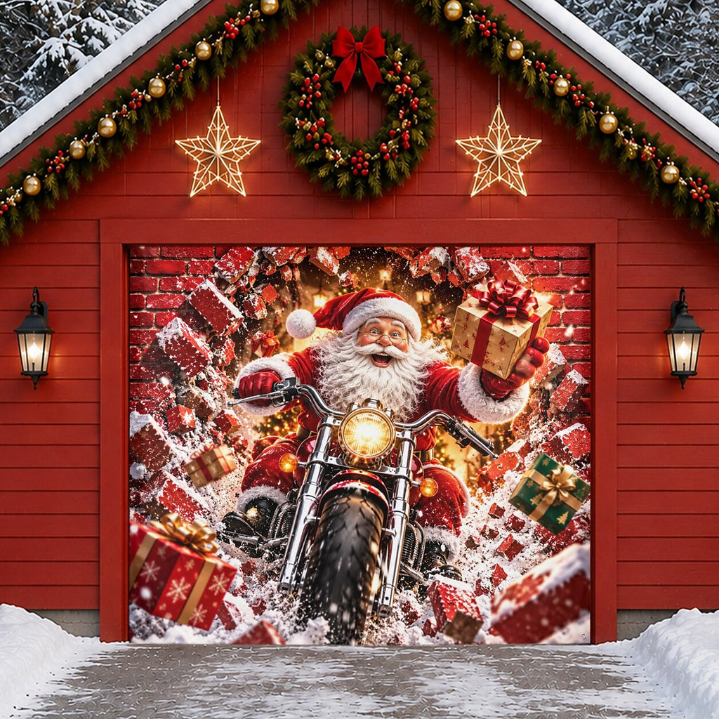 Christmas Garage Door Cover - Santa & Reindeer Holiday Design