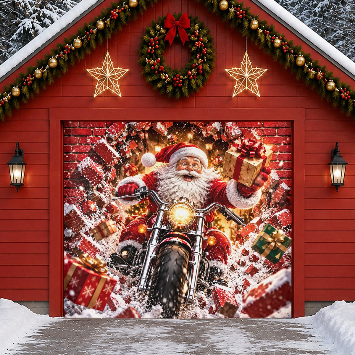 Christmas Garage Door Cover - Santa & Reindeer Holiday Design
