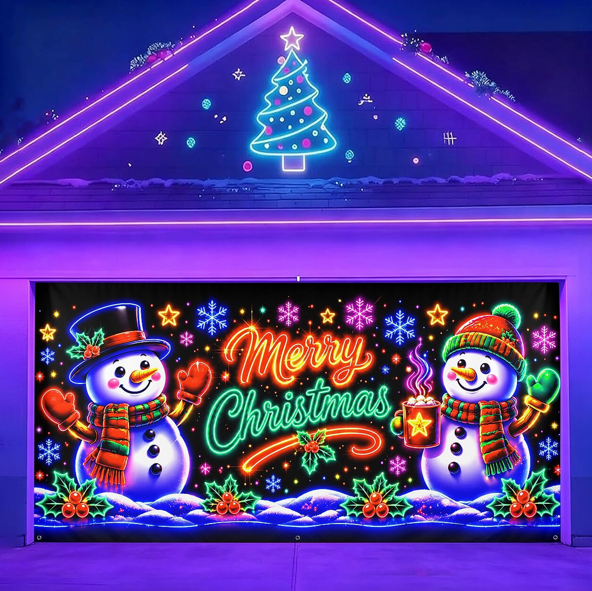 Blacklight Christmas Garage Cover UV Reactive Merry Christmas Snowman