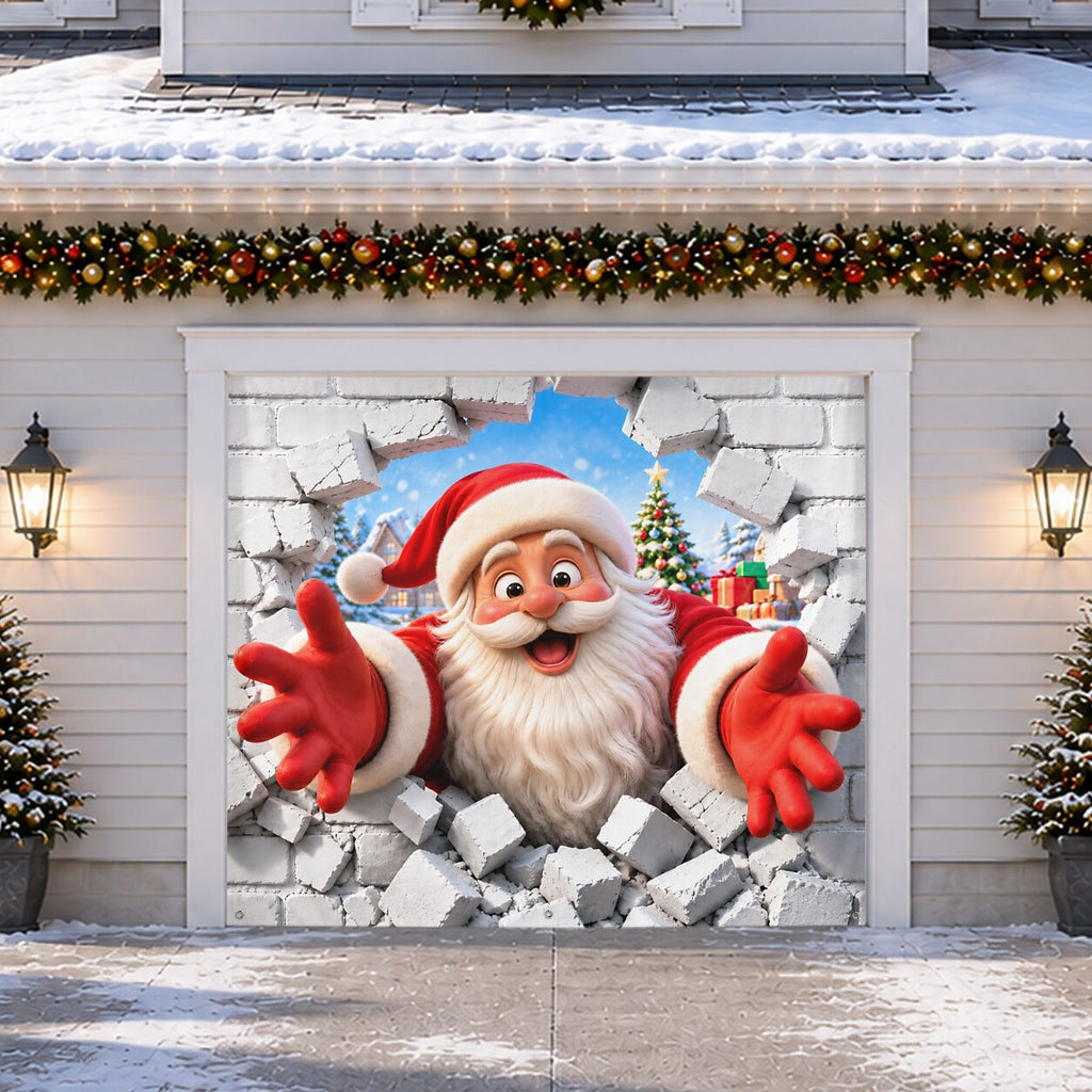 Christmas Garage Cover 3D Santa Breaking Through
