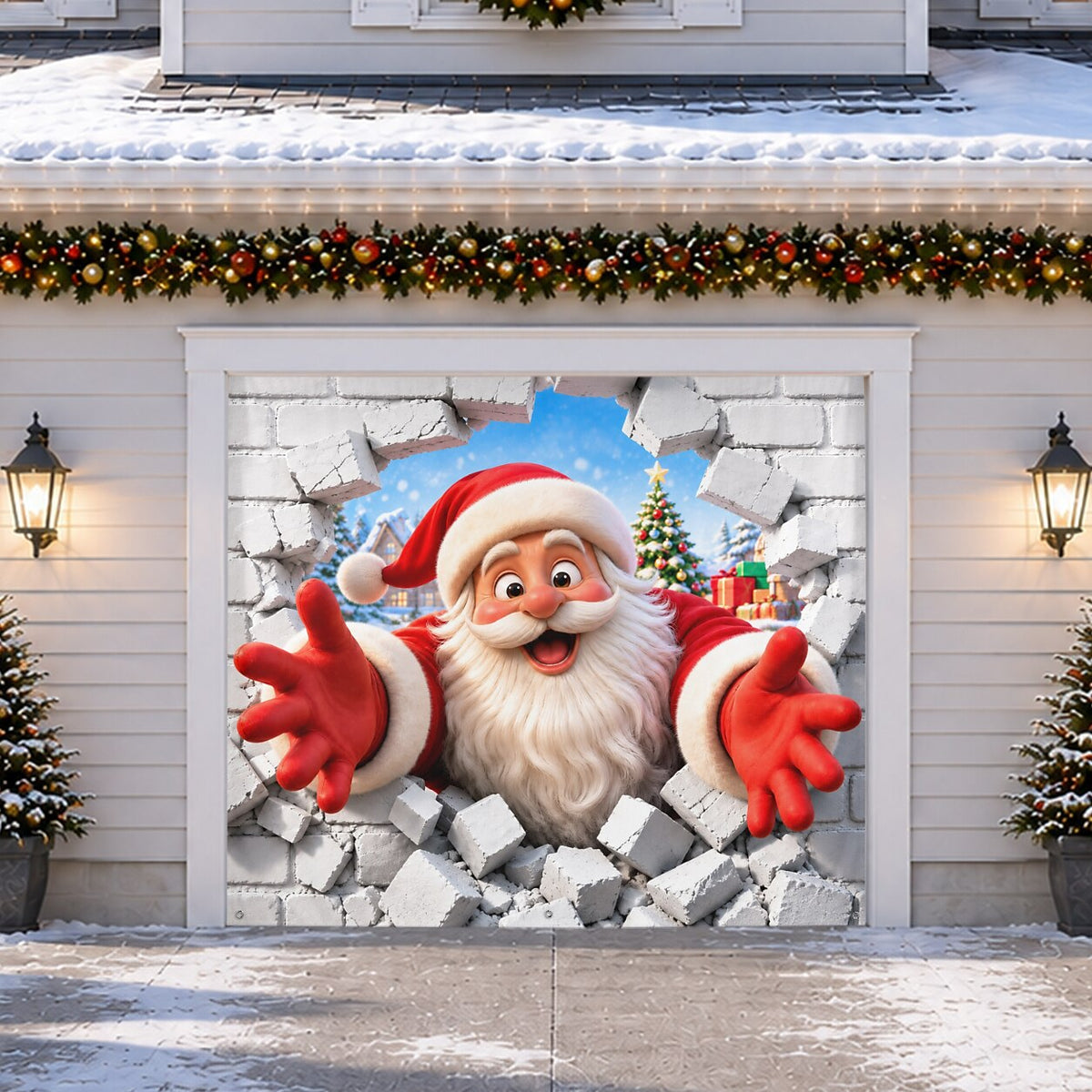 Christmas Garage Cover 3D Santa Breaking Through