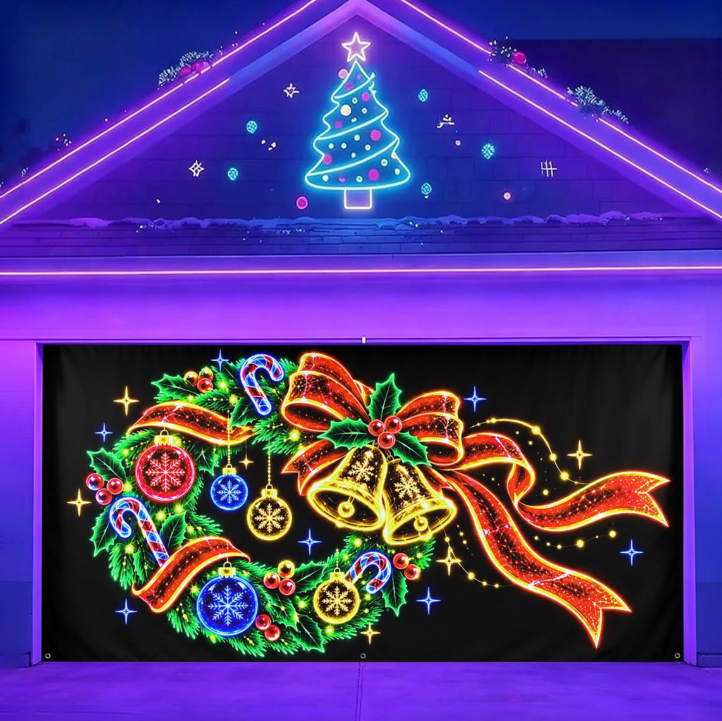 Blacklight Christmas Garage Cover UV Reactive Wreath & Ornaments