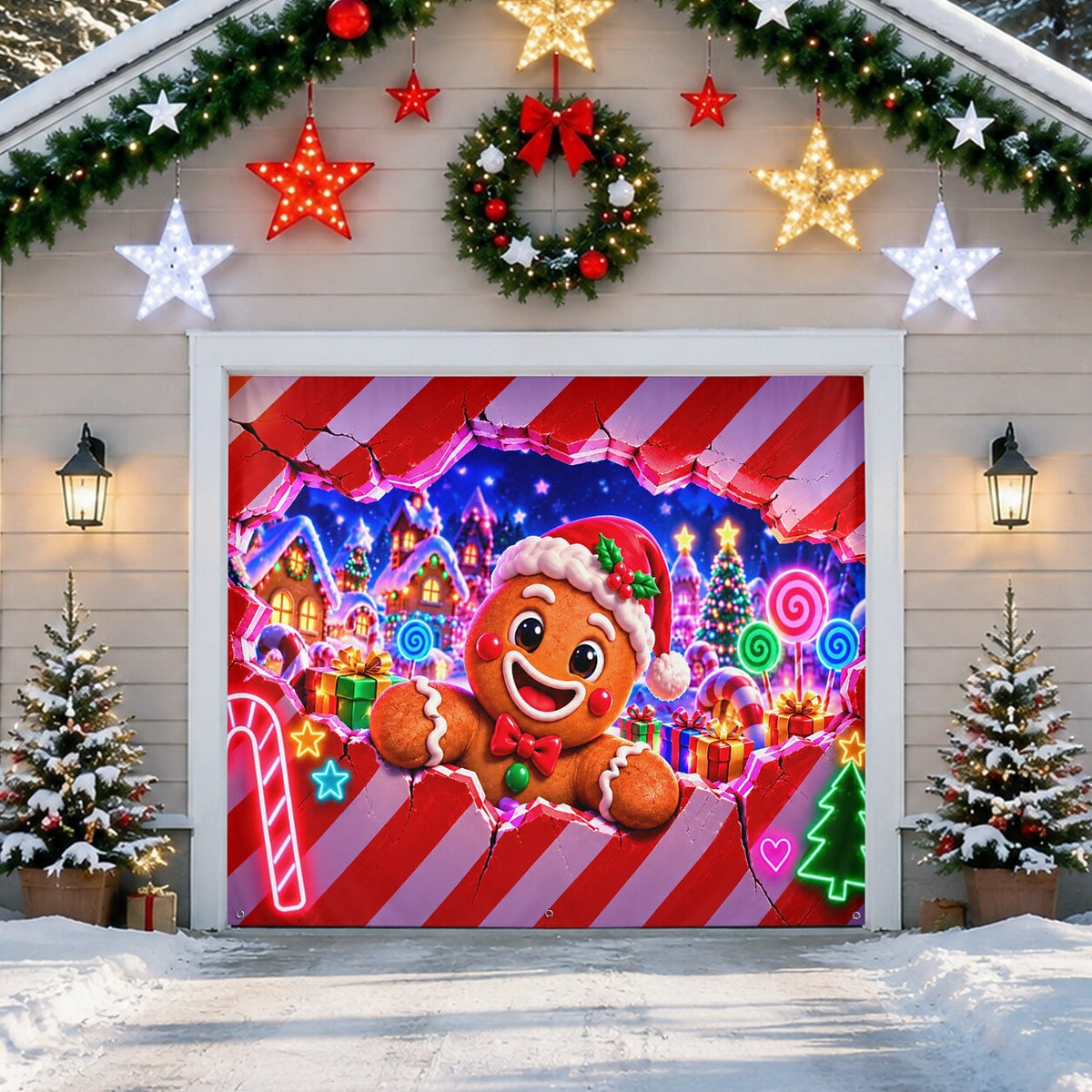 Blacklight Christmas Garage Cover 3D UV Reactive Broken Wall Gingerbread Man