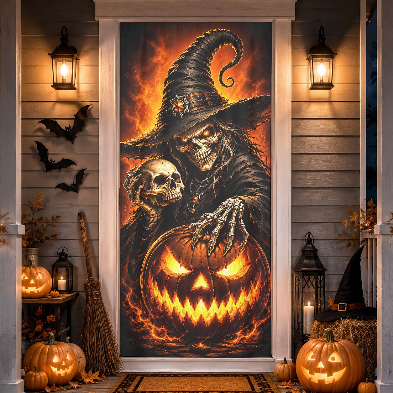 Skeleton Witch Glowing Pumpkin Door Banner Halloween Door Cover