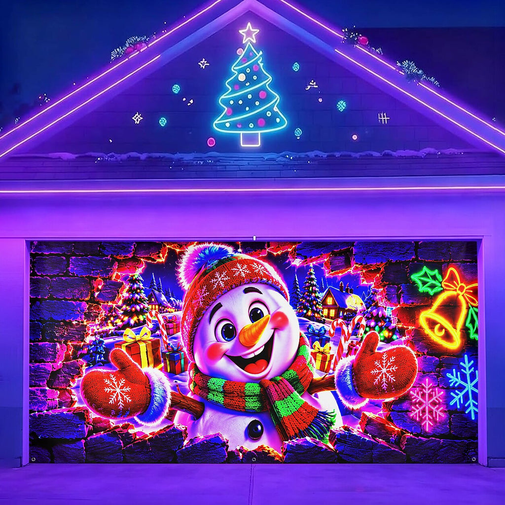 Blacklight Christmas Garage Cover 3D UV Reactive Broken Wall Snowman