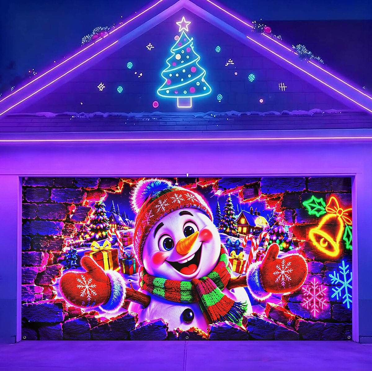 Blacklight Christmas Garage Cover 3D UV Reactive Broken Wall Snowman