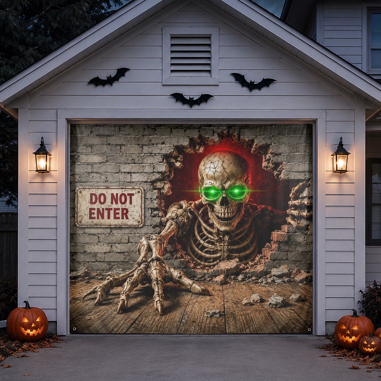 Halloween Green Glowing Eyes Skeleton Garage Door Cover