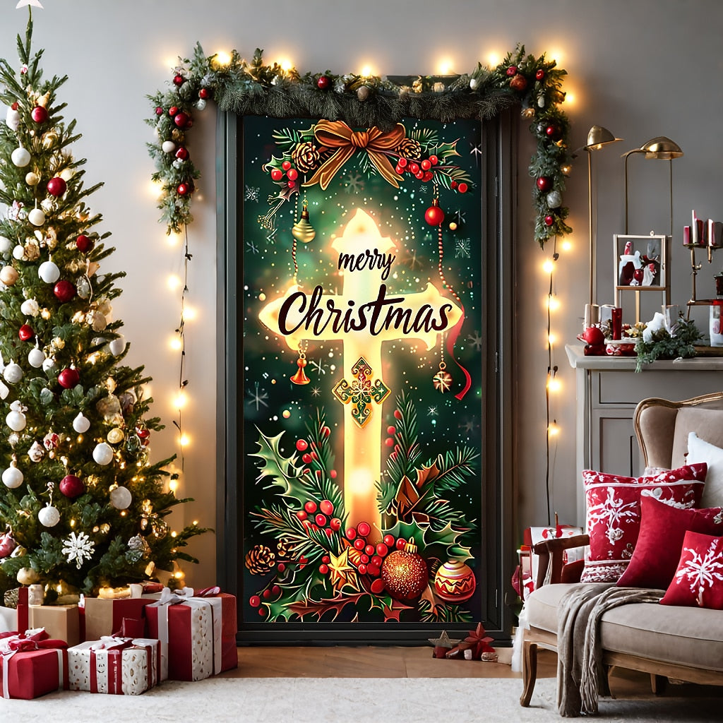 Cross Nativity Scene Christmas Door Cover