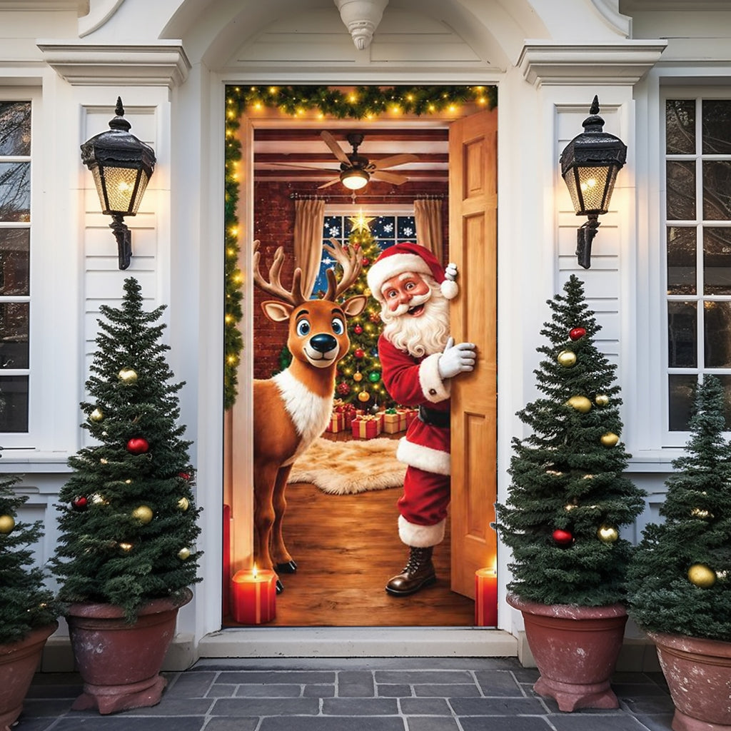Christmas Door Cover - Stretch Fit Santa & Reindeer Door Decoration