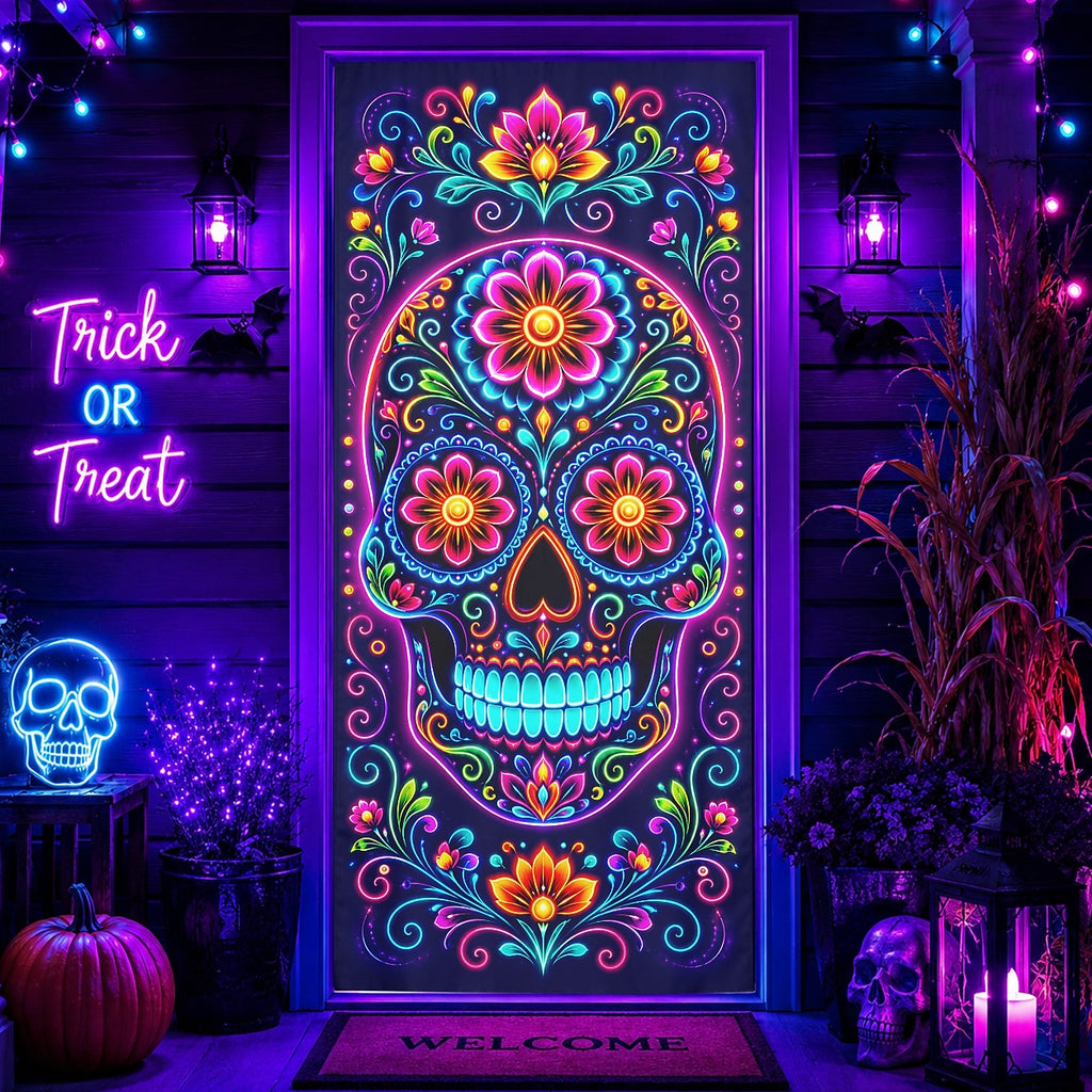 Halloween Door Cover Sugar Skull Neon Floral Day of the Dead Door Banner