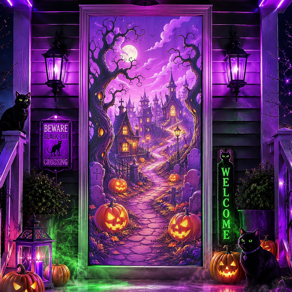 Skeleton Door Banner Halloween Door Cover Haunted House Purple Graveyard