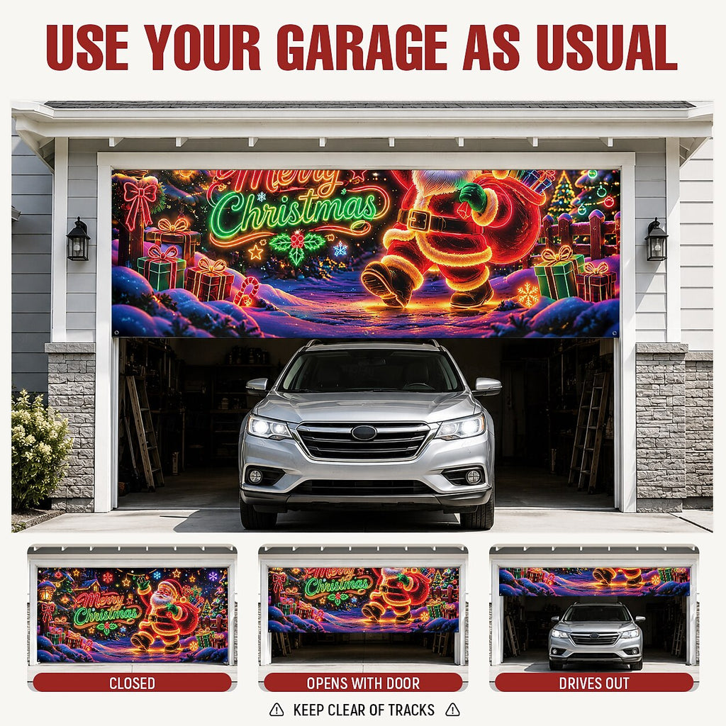 Blacklight Christmas Garage Cover UV Reactive Santa, Reindeer & Sleigh
