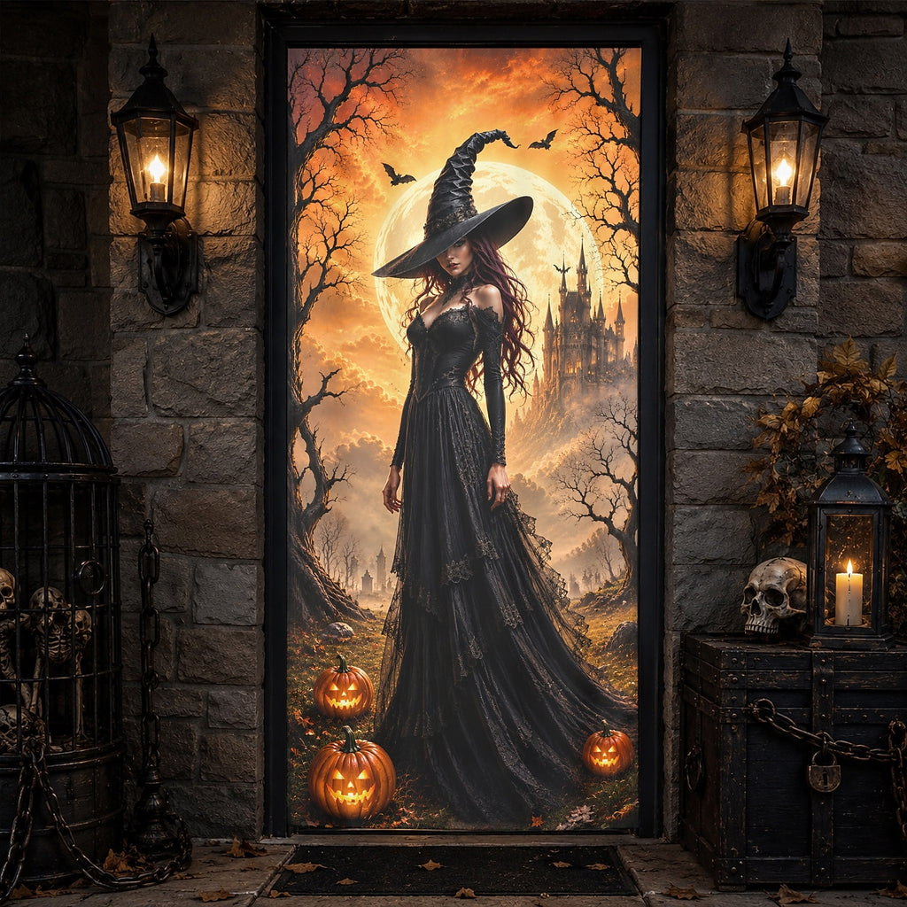 Gothic Witch Haunted Castle Pumpkin Banner Halloween Door Cover