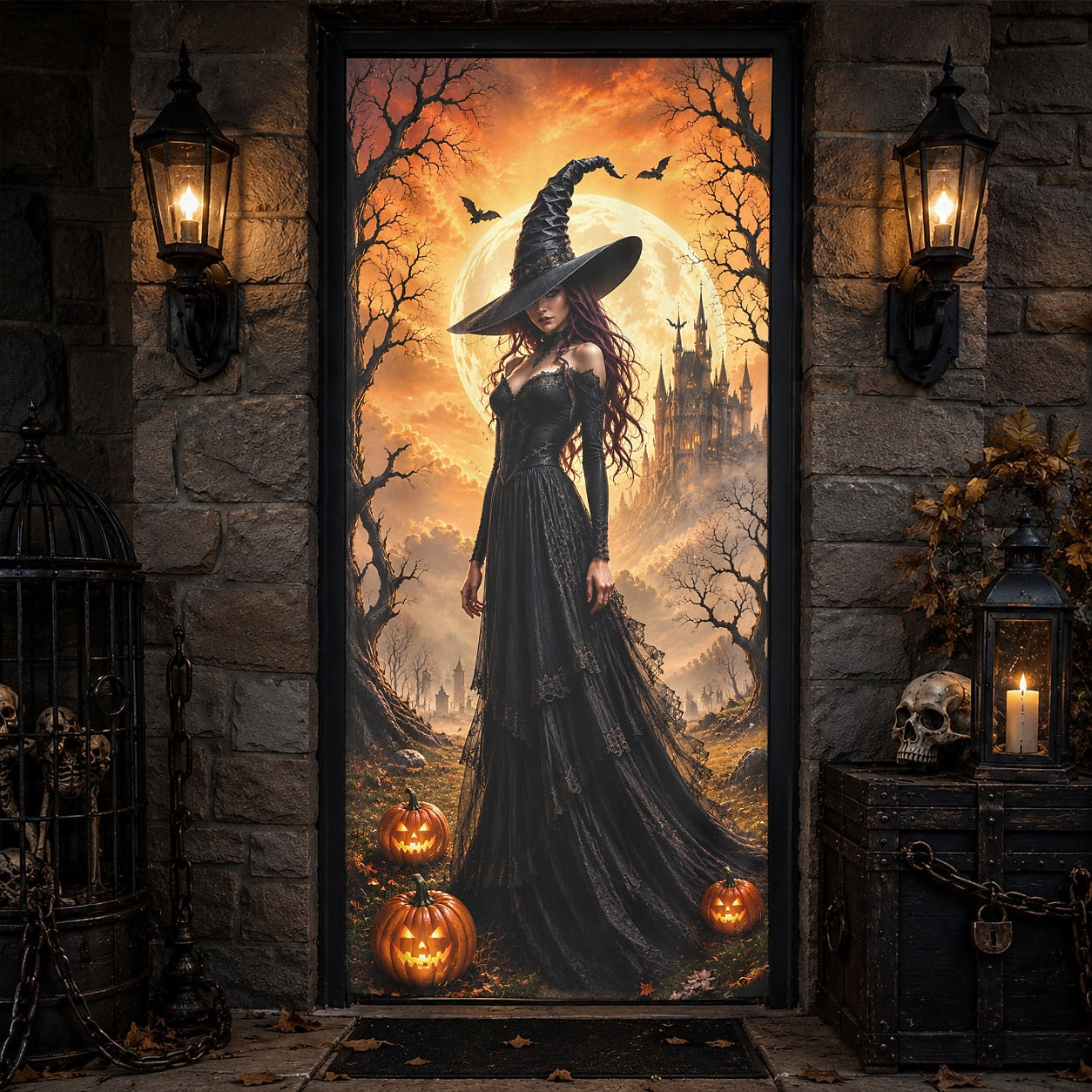 Gothic Witch Haunted Castle Pumpkin Banner Halloween Door Cover