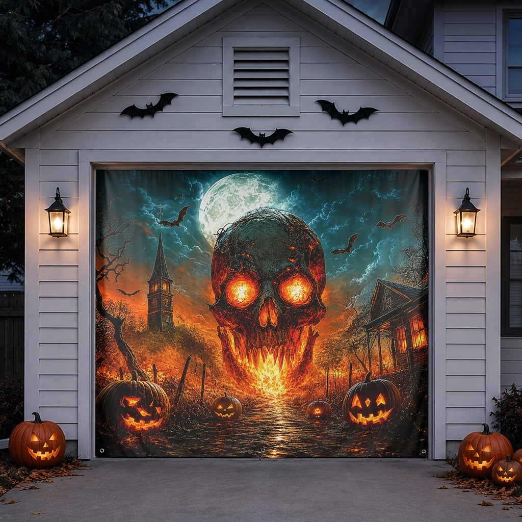 Flaming Skull & Fire Scary | Halloween Garage Door Banner Cover