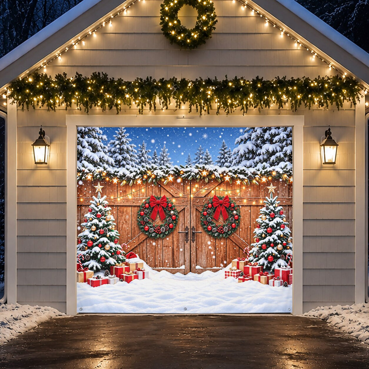 Christmas Garage Cover 3D Christmas Ornaments & Snow