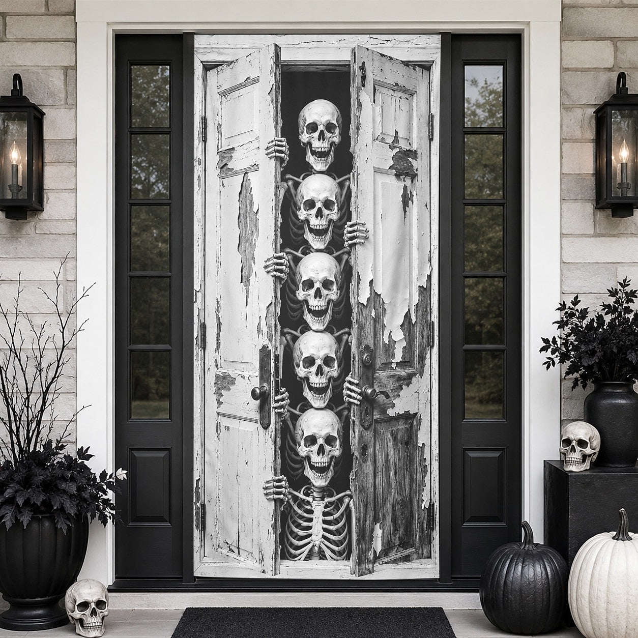 Breaking Skeletons Old Wooden Door Skull Banner Halloween Door