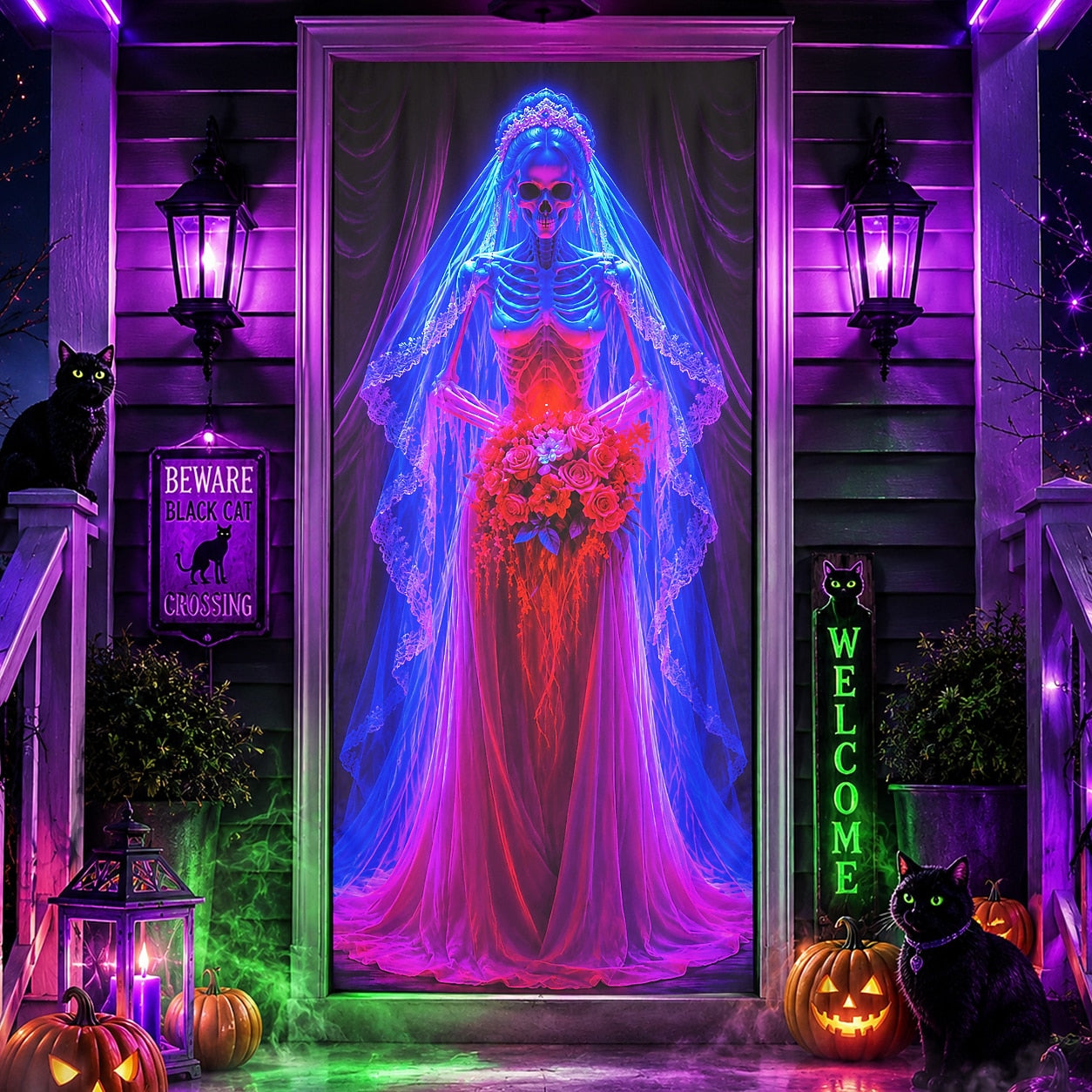 Ghost Bride Graveyard Moon Neon Door Banner Halloween Door Cover