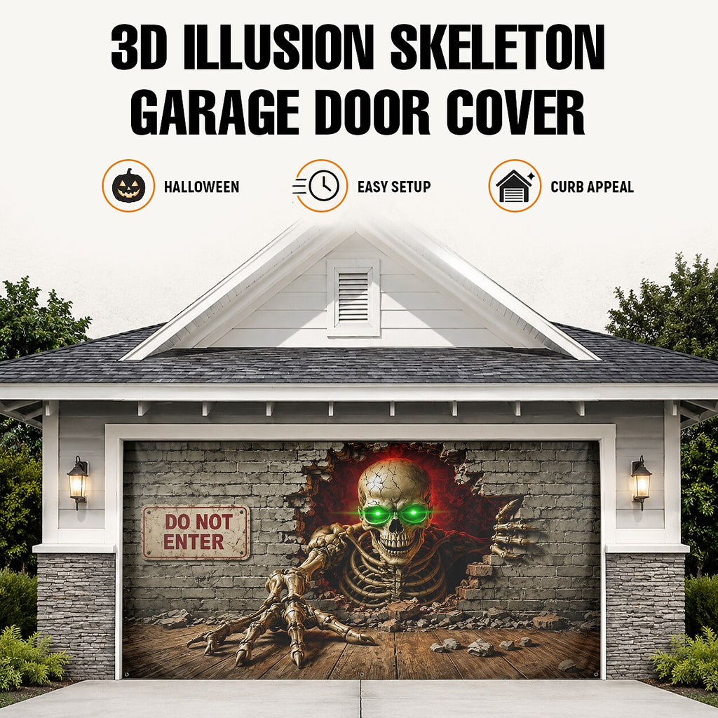 Halloween Green Glowing Eyes Skeleton Garage Door Cover