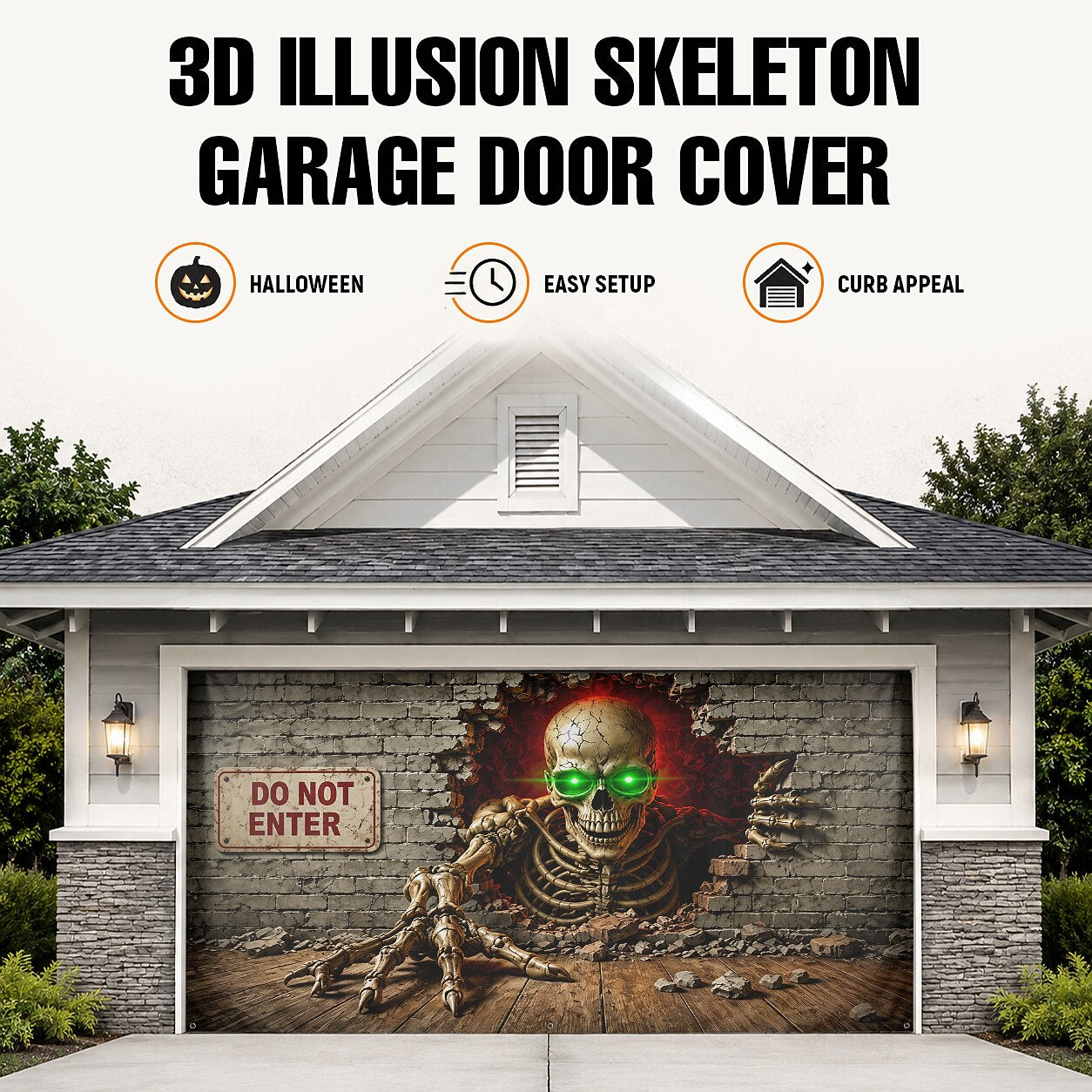Halloween Green Glowing Eyes Skeleton Garage Door Cover