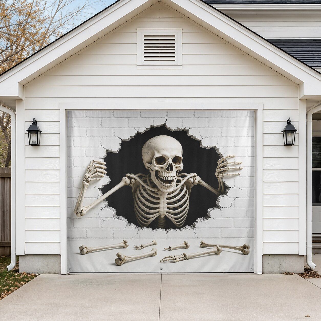 Halloween Skeleton White Brick Wall Garage Door Cover