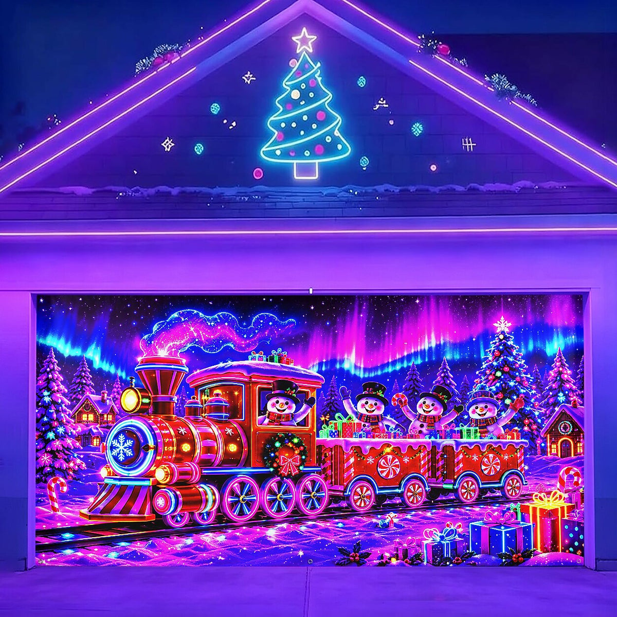 Blacklight Christmas Garage Cover UV Reactive Snowman & Christmas Train