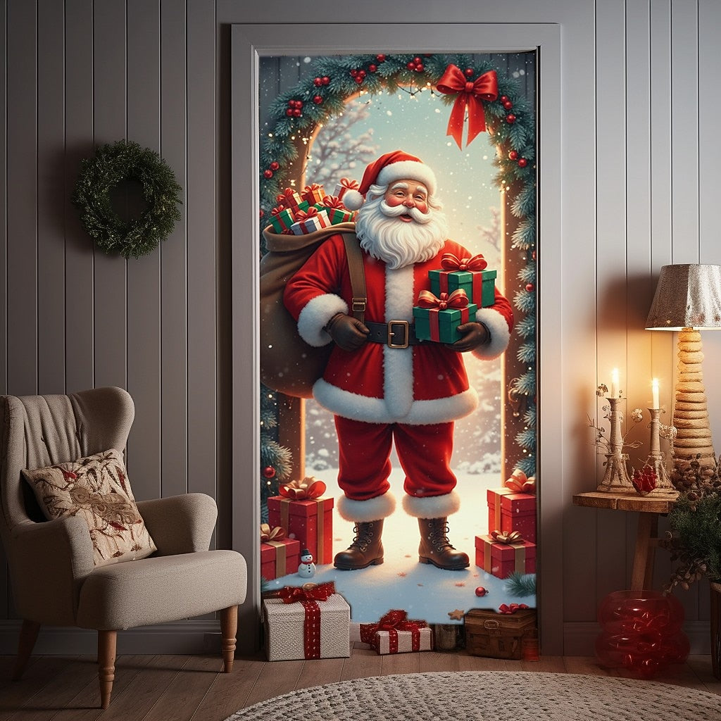 Santa Claus Gifts Wreath & Open Door Christmas Door Cover