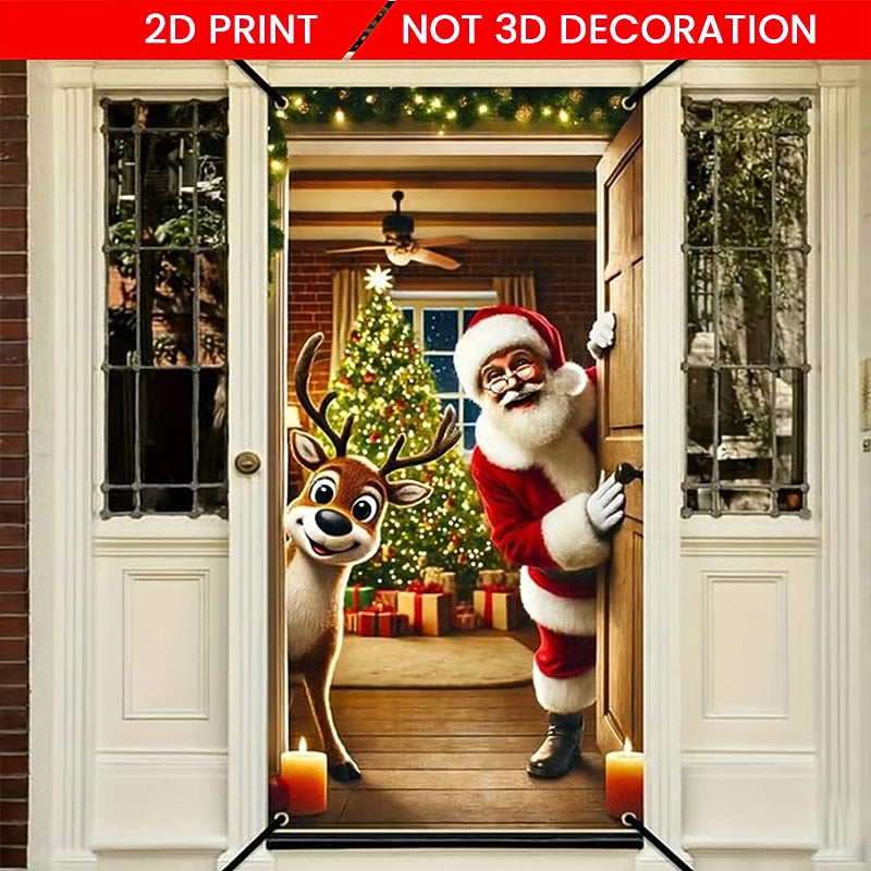Santa Claus Reindeer & Merry Christmas Lettering Christmas Door Cover