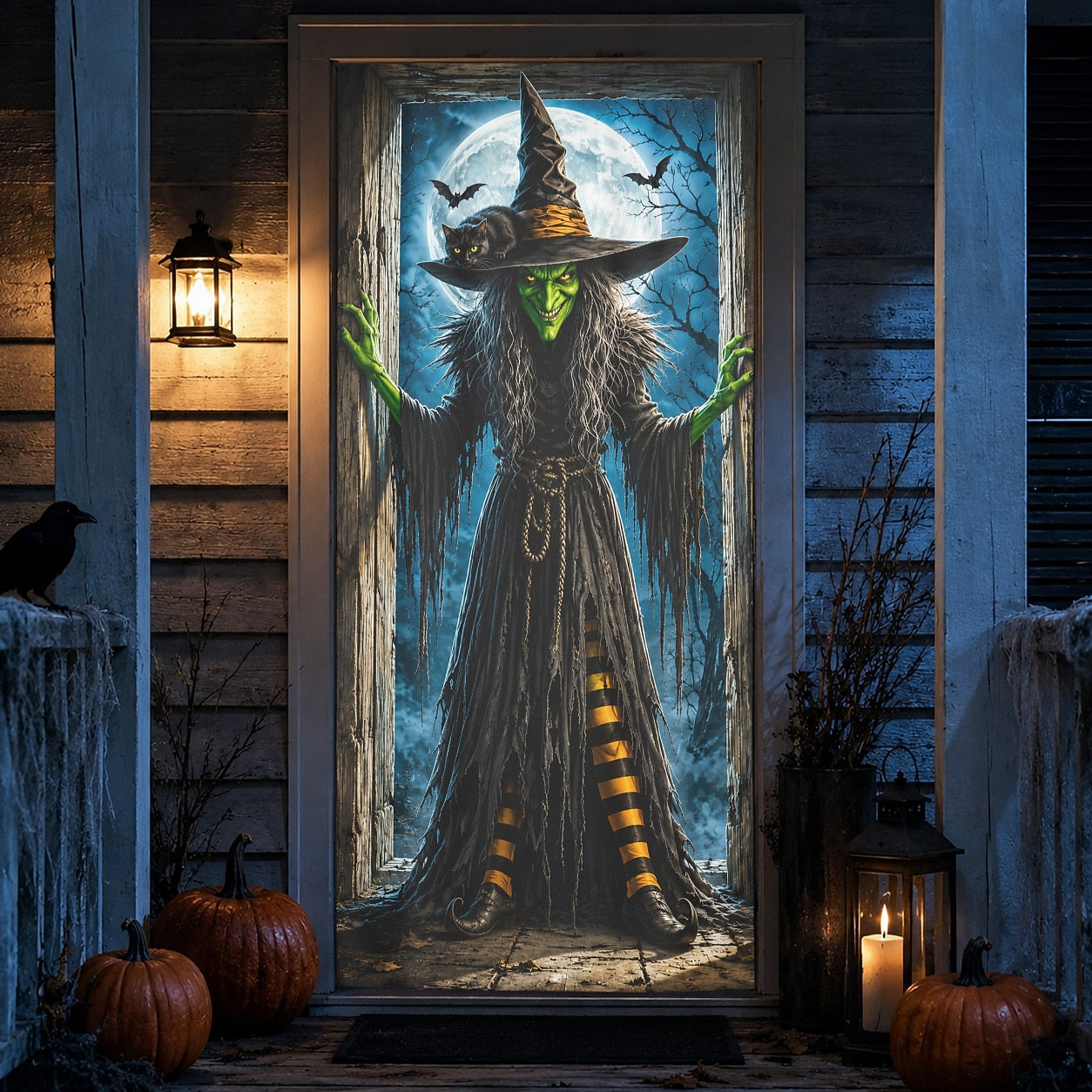 Moon Pumpkin Banner Halloween Door Cover Witch Black Cat Full Moon