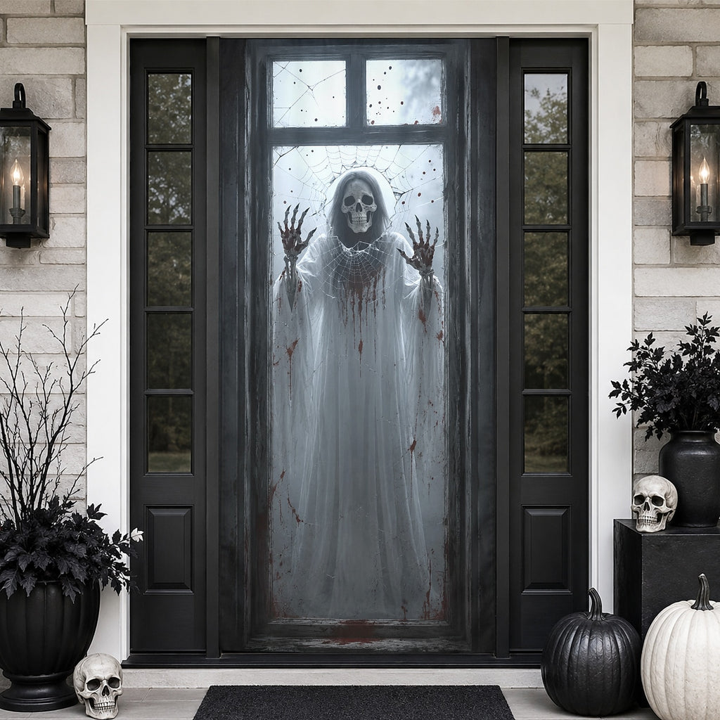 House Door Wrap Banner Halloween Door Cover Skeleton Ghost Window Spider