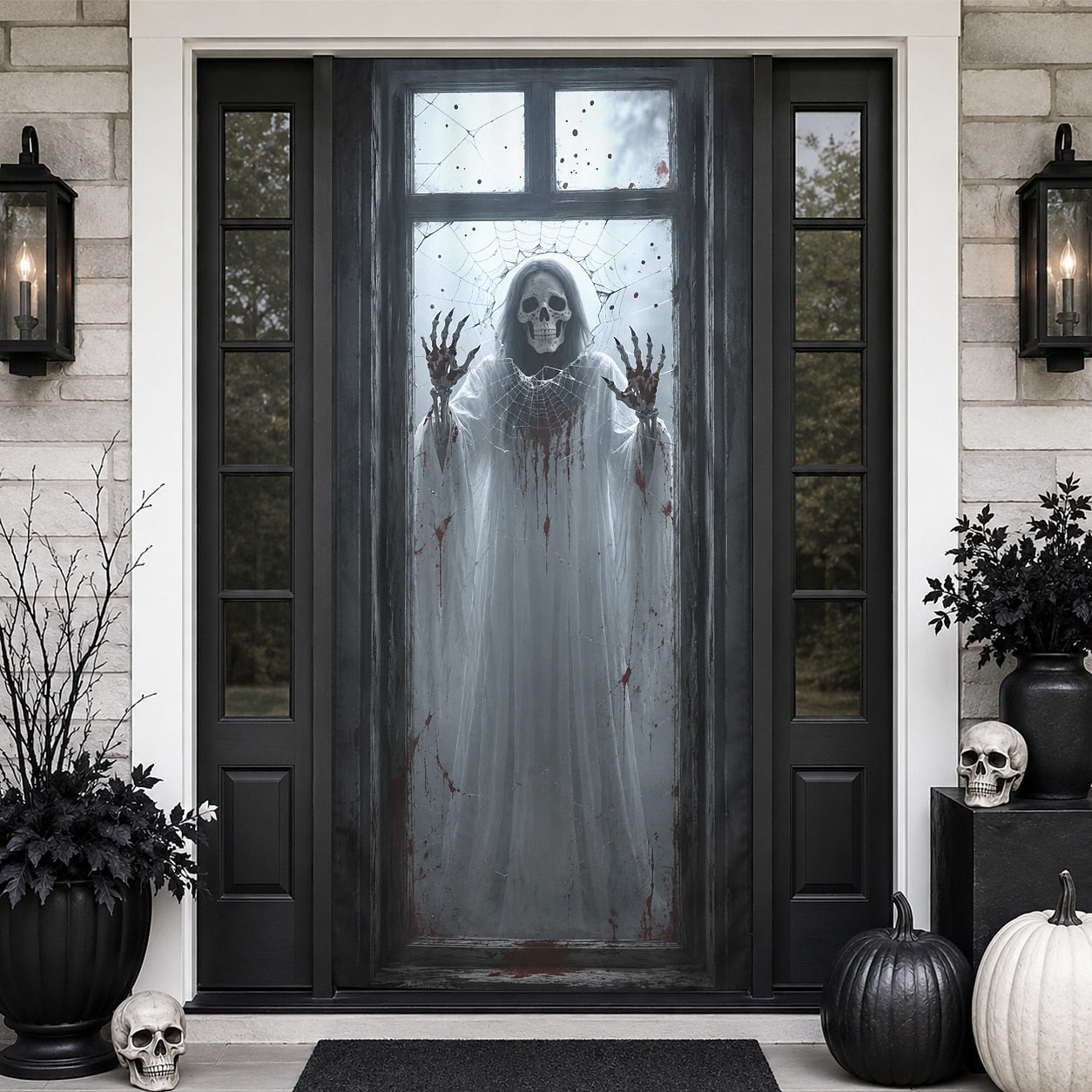 House Door Wrap Banner Halloween Door Cover Skeleton Ghost Window Spider