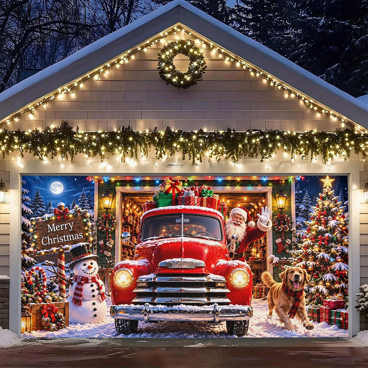 Christmas Garage Door Cover - Red Christmas Truck Snowy Village Decor