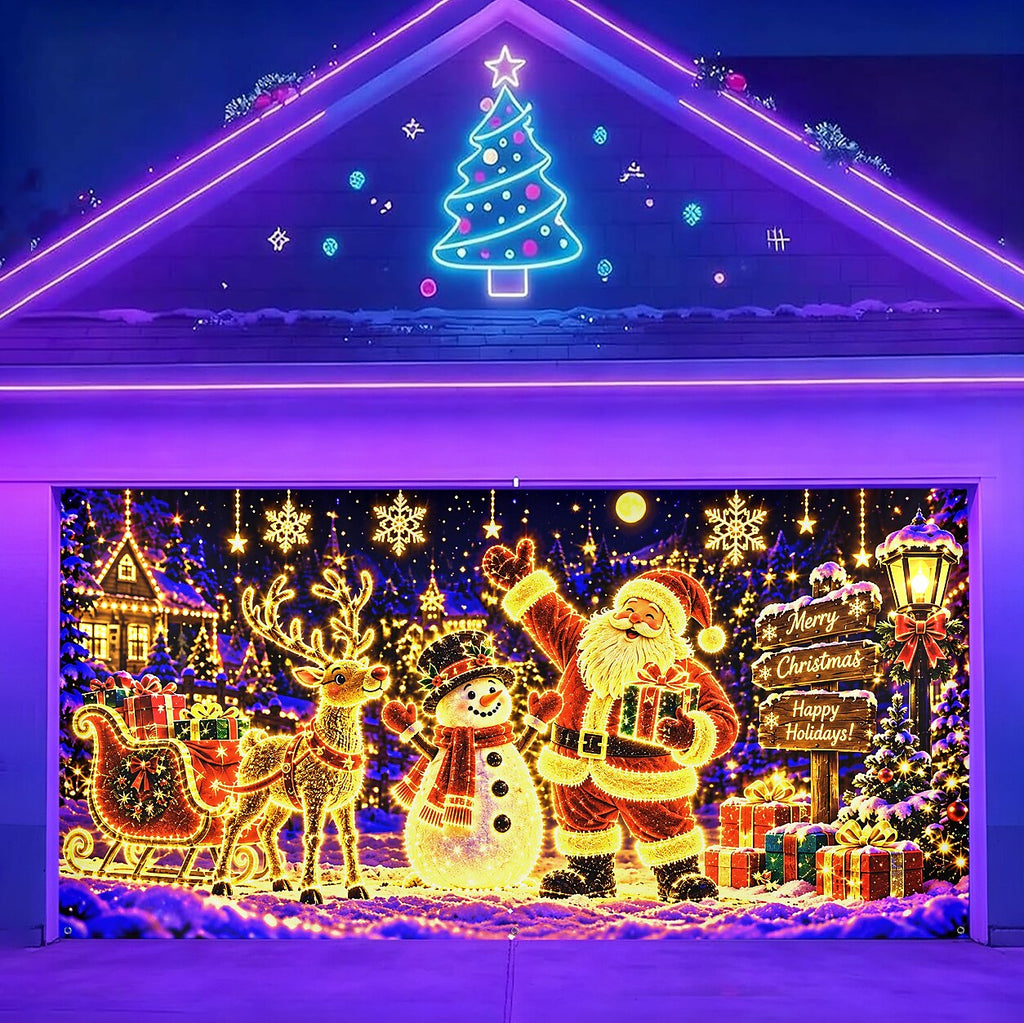 Blacklight Christmas Garage Cover UV Reactive Santa & Snowman