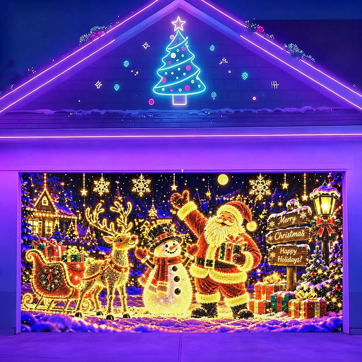 Blacklight Christmas Garage Cover UV Reactive Santa & Snowman