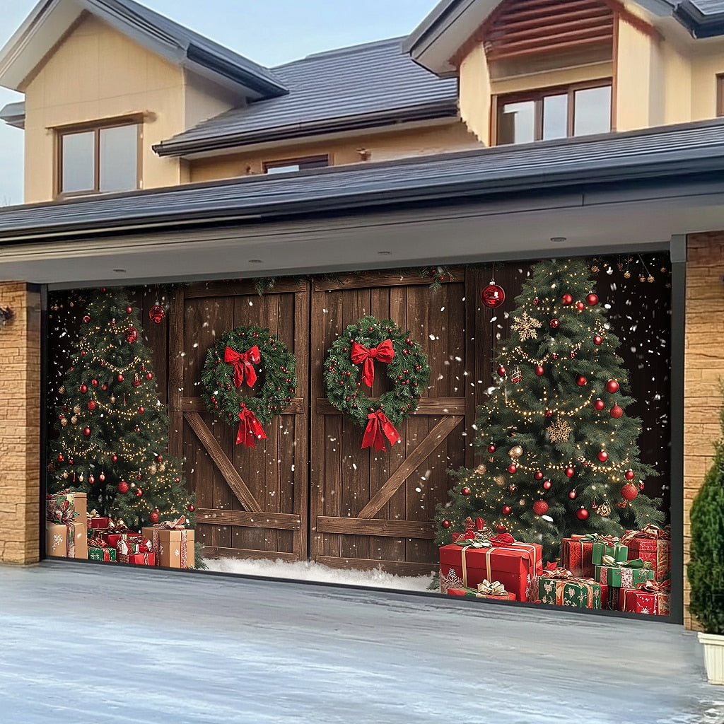 Farmhouse Christmas Scene Garage Door Cover